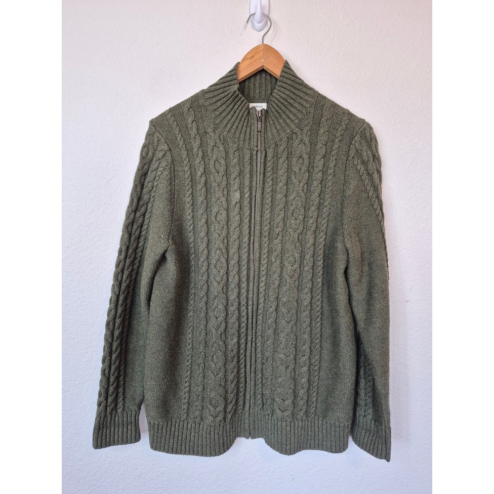 LL Bean Green Cable Knit Full Zip Cotton Cardigan Sweater Women's Size XL